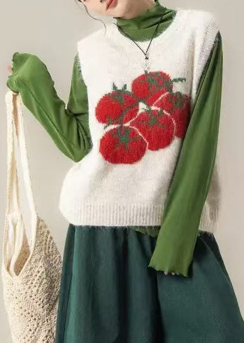 White Oversized Print Knit Vest Tops Winter