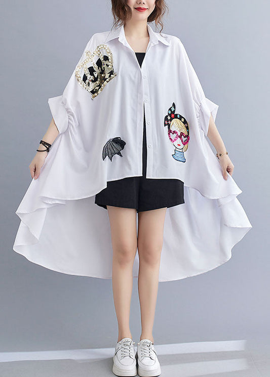 White Oversized Sequins Applique Low High Design Cotton Tops Batwing Sleeve