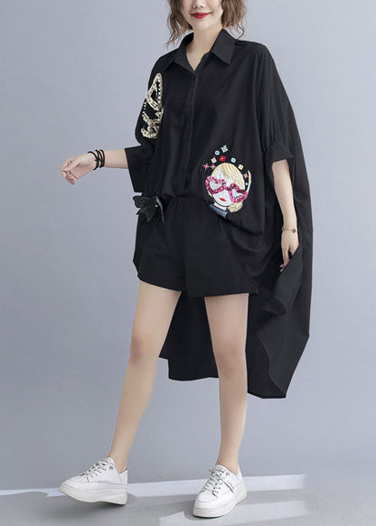 White Oversized Sequins Applique Low High Design Cotton Tops Batwing Sleeve