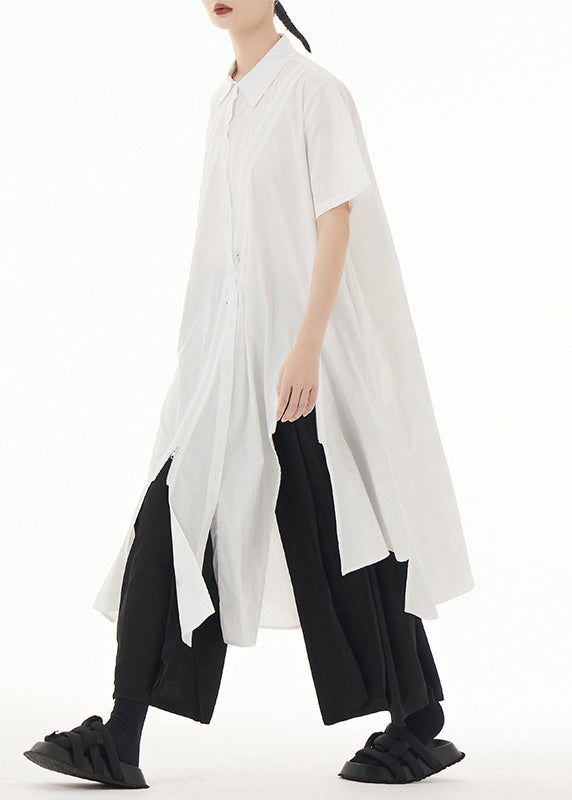 White Peter Pan Collar Asymmetrical Patchwork Cotton Shirt Dress Summer