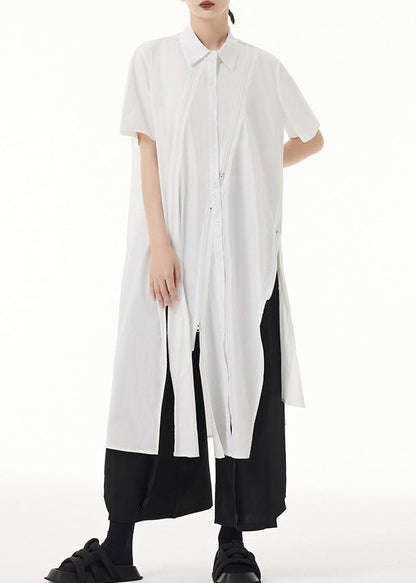 White Peter Pan Collar Asymmetrical Patchwork Cotton Shirt Dress Summer
