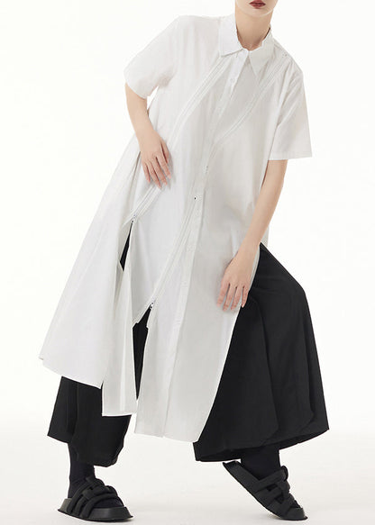 White Peter Pan Collar Asymmetrical Patchwork Cotton Shirt Dress Summer