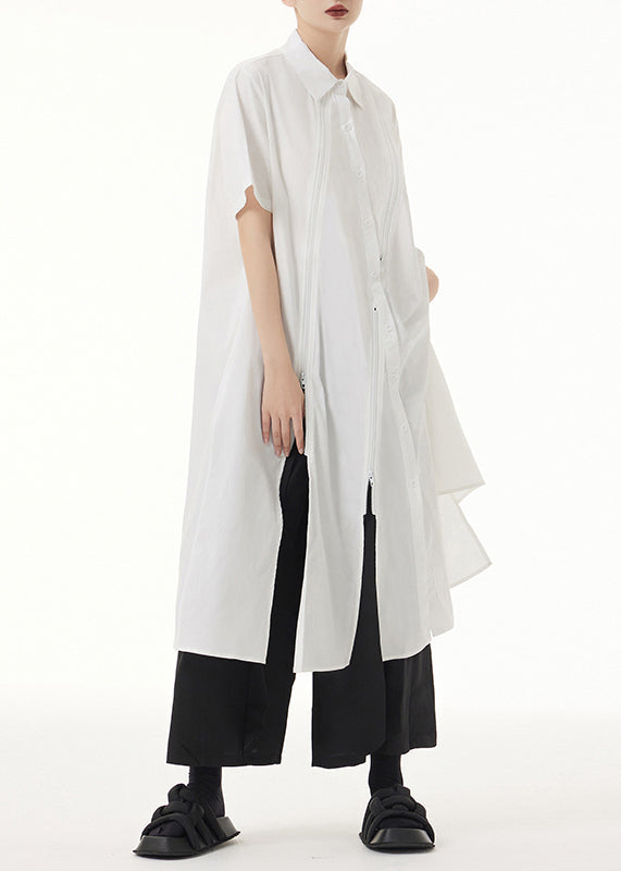 White Peter Pan Collar Asymmetrical Patchwork Cotton Shirt Dress Summer