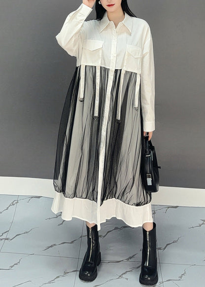 White Peter Pan Collar Asymmetrical Patchwork Long Shirts Dress Spring