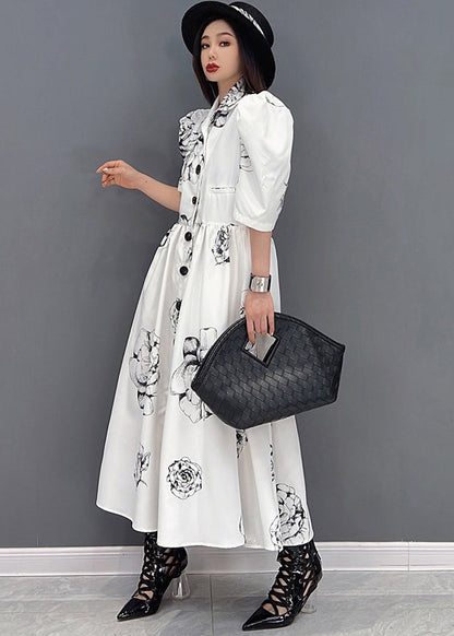 White Peter Pan Collar Print Chiffon Maxi Cinch Dress Half Sleeve