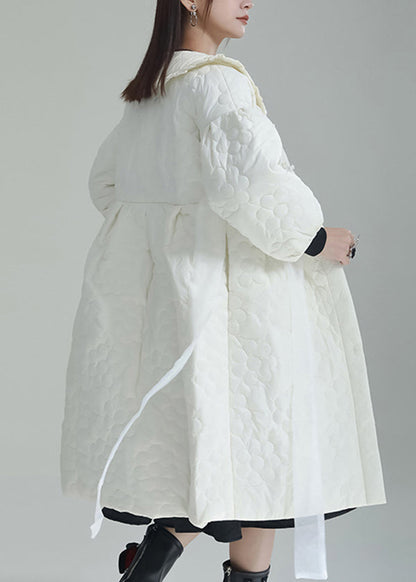 White Peter Pan Collar Pockets Fine Cotton Filled Witner Coat