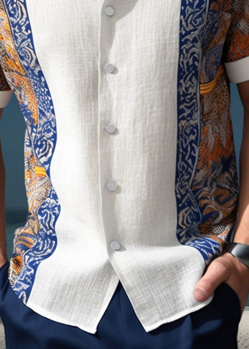White Peter Pan Collar Print Button Cotton Shirts Summer
