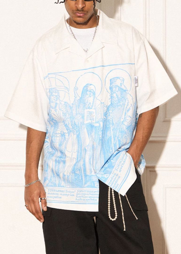 White Peter Pan Collar Print Cotton Shirts Summer