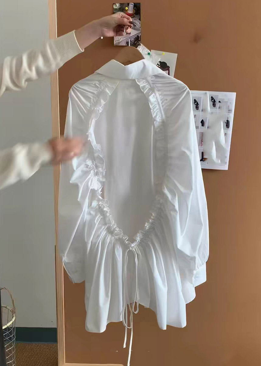 Chic White Peter Pan Collar Ruffled Patchwork Backless Shirt Spring