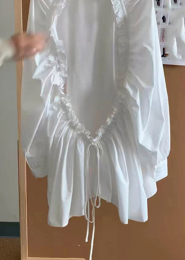 Chic White Peter Pan Collar Ruffled Patchwork Backless Shirt Spring
