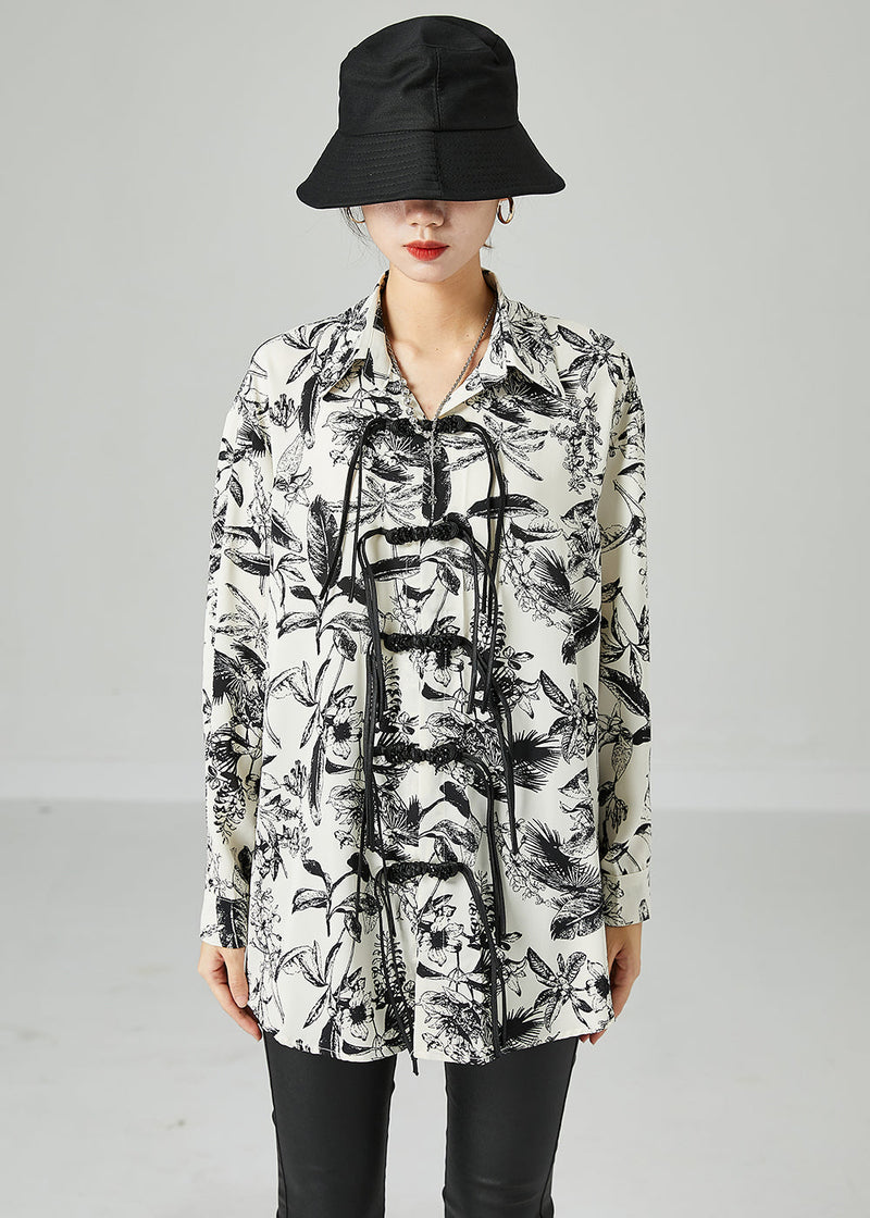 White Print Chinese Button Tassel Chiffon Shirt Top Spring