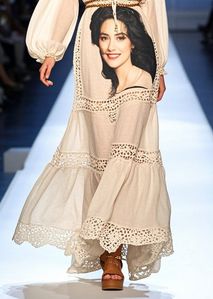 White Print Patchwork Hollow Out Party Dress Summer