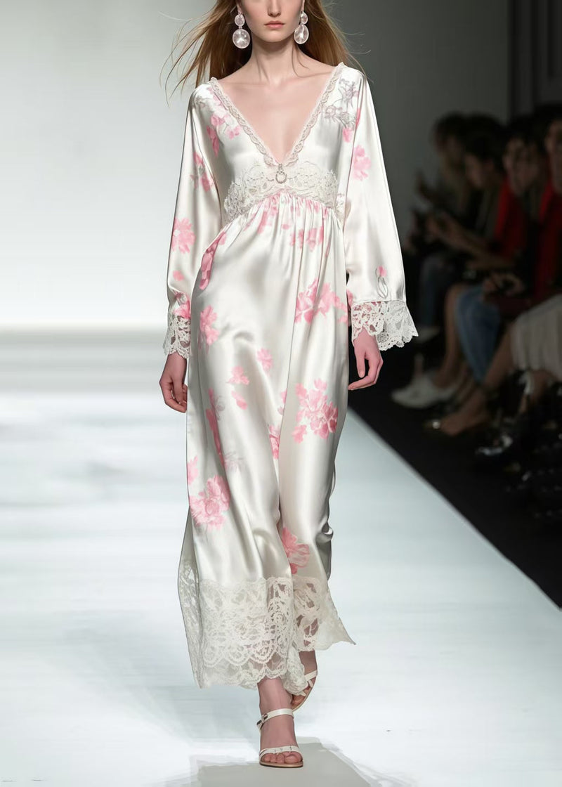 White Print Patchwork Lace Silk Maxi Dresses Spring