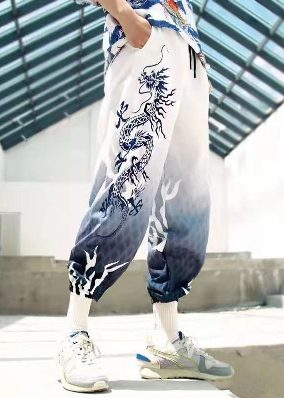 White Print Pockets Cotton Crop Pants Summer