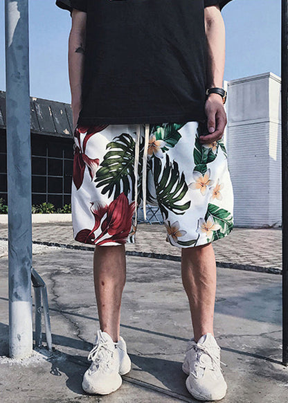 White Print Pockets Elastic Waist Cotton Beach Shorts Summer