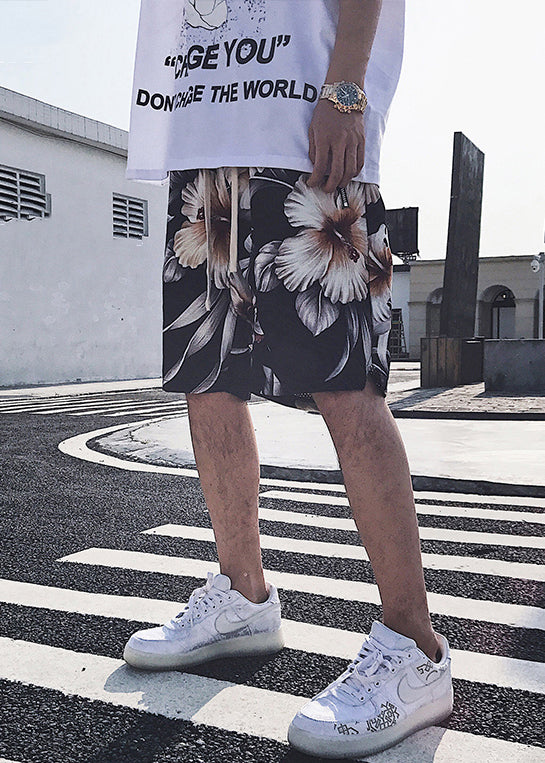 White Print Pockets Elastic Waist Cotton Beach Shorts Summer