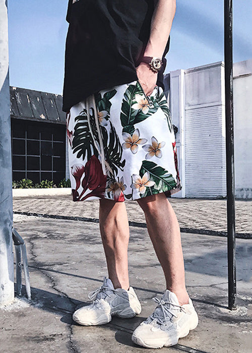 White Print Pockets Elastic Waist Cotton Beach Shorts Summer