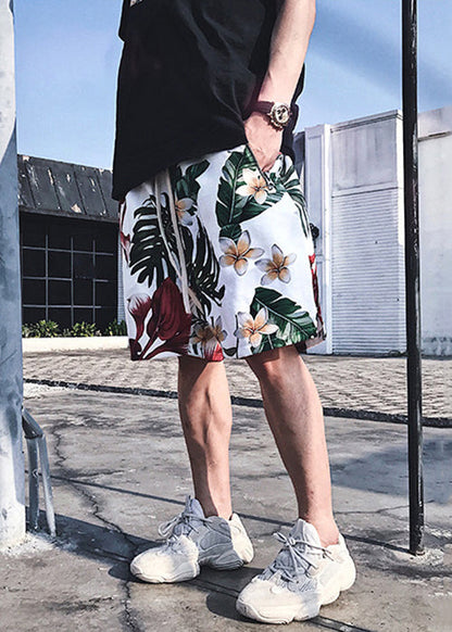 White Print Pockets Elastic Waist Cotton Beach Shorts Summer