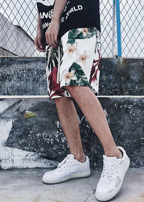 White Print Pockets Elastic Waist Cotton Beach Shorts Summer