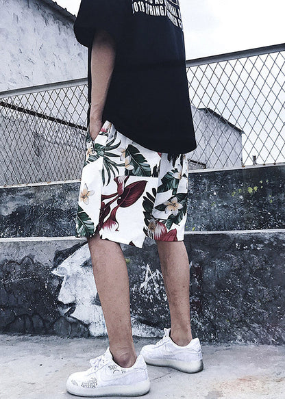 White Print Pockets Elastic Waist Cotton Beach Shorts Summer
