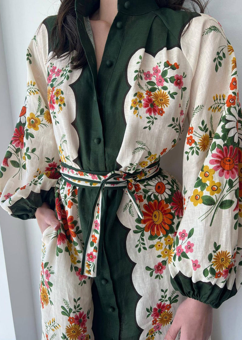 White Print Pockets Tie Waist Linen Shirts Dresses Long Sleeve
