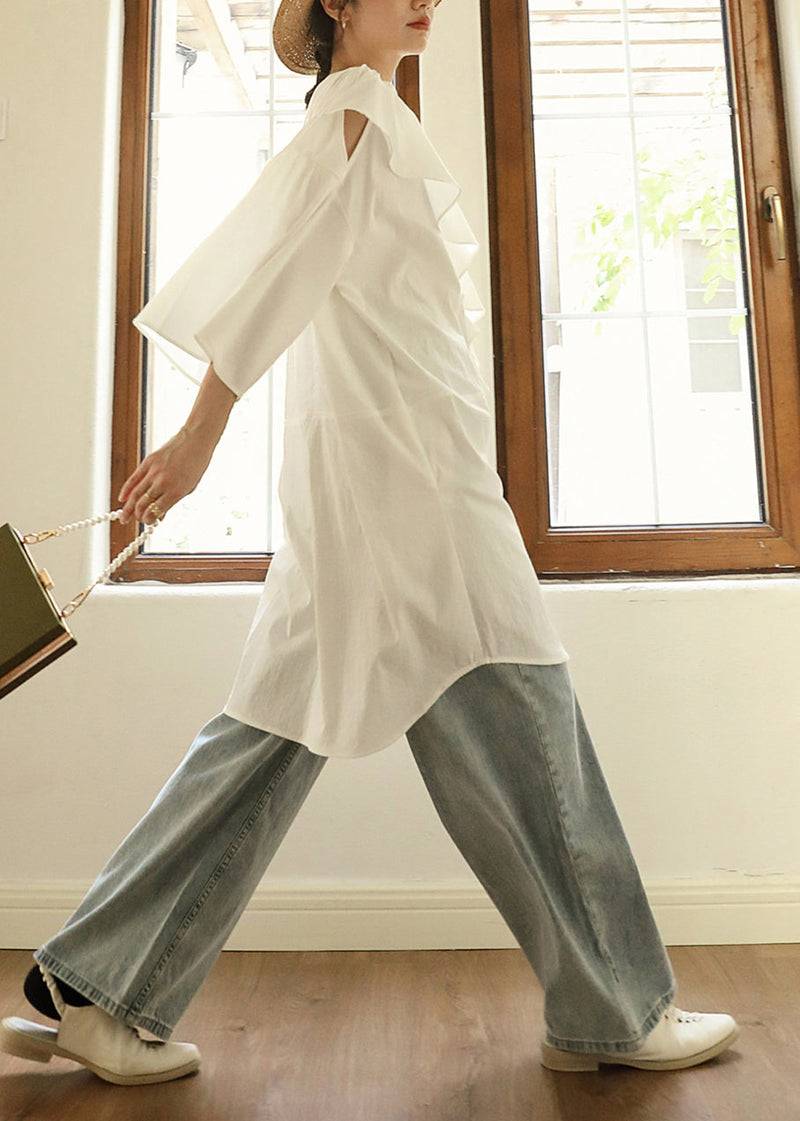 White Ruffled Asymmetrical Cotton Mid Dresses Fall