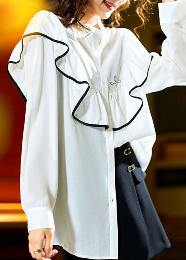 White Ruffled Button Patchwork Cotton Top Long Sleeve