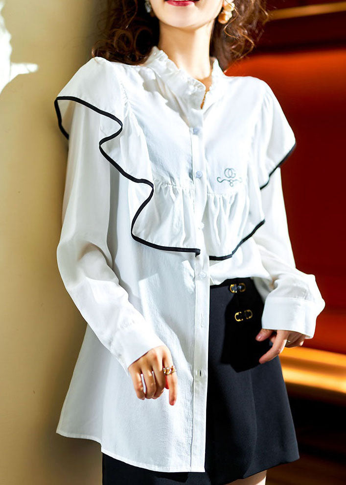White Ruffled Button Patchwork Cotton Top Long Sleeve