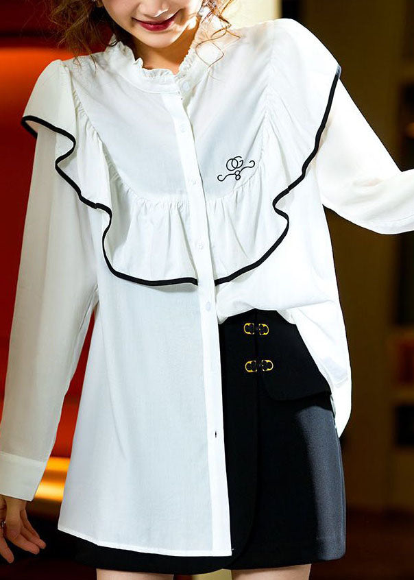 White Ruffled Button Patchwork Cotton Top Long Sleeve
