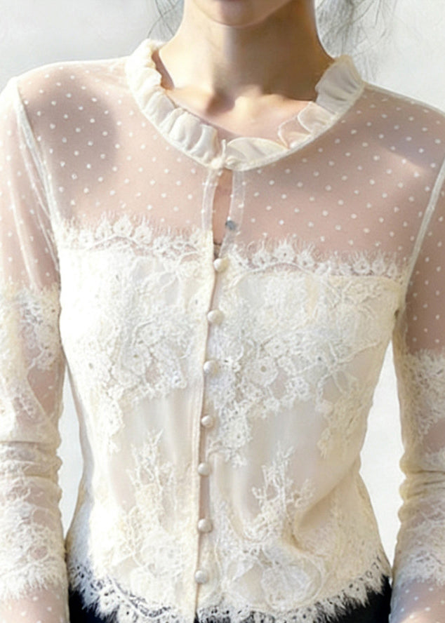 White Ruffled Button Patchwork Lace Blouse Flare Sleeve