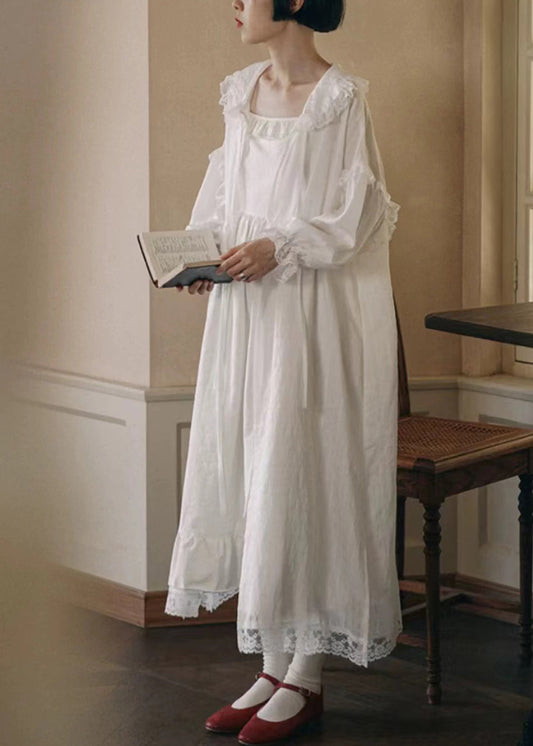 White Ruffled Lace Patchwork Cotton Long Cardigan Fall