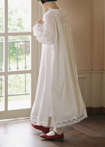 White Ruffled Lace Patchwork Cotton Long Cardigan Fall