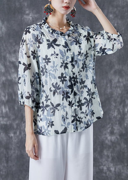 White Ruffled Print Cotton Shirts Bracelet Sleeve