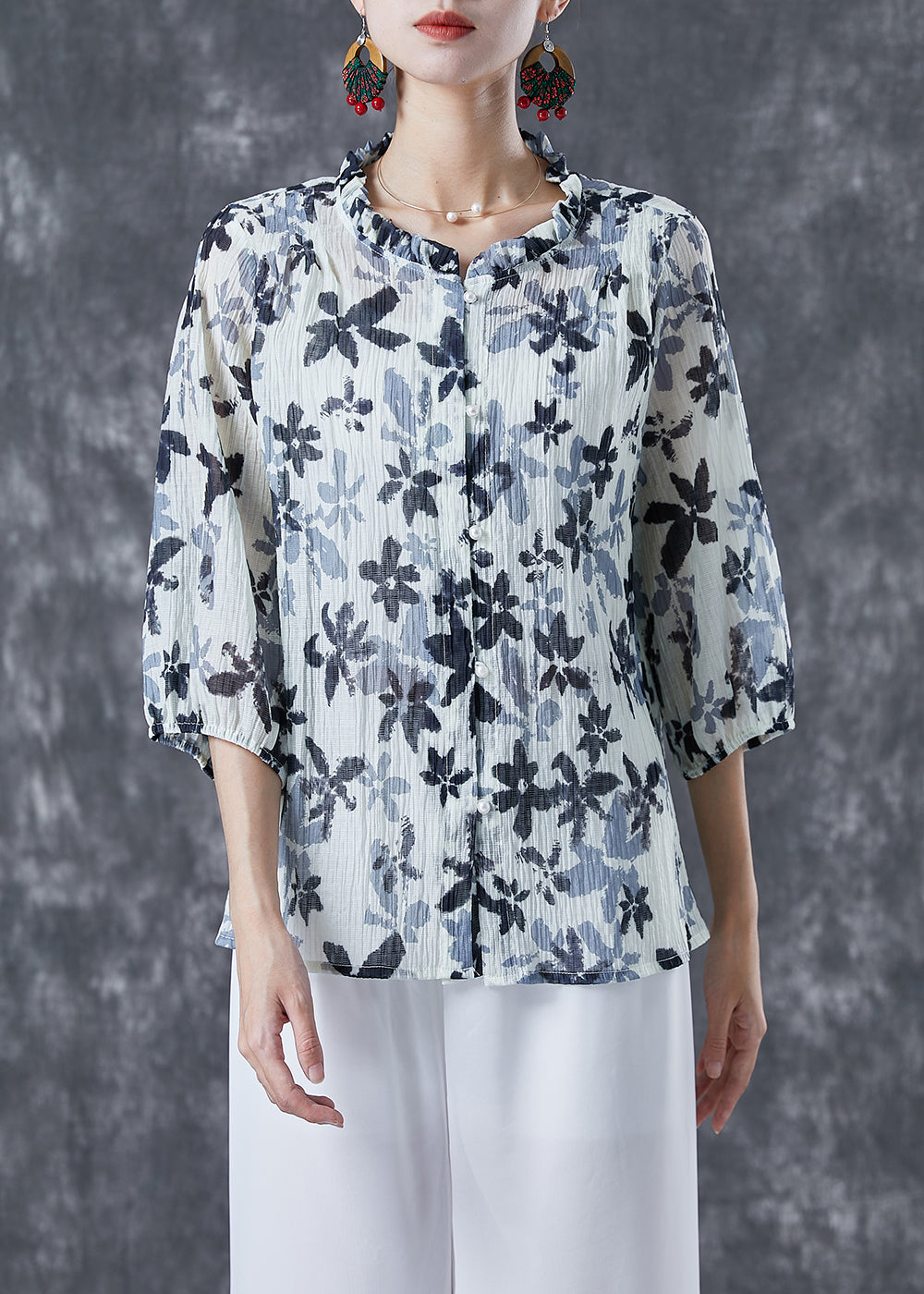 White Ruffled Print Cotton Shirts Bracelet Sleeve