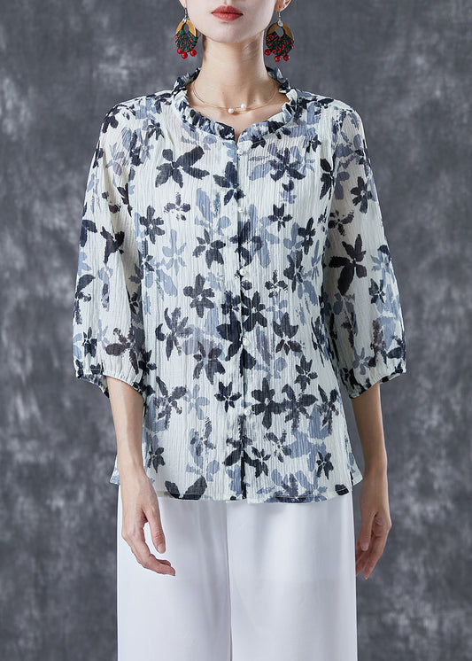 White Ruffled Print Cotton Shirts Bracelet Sleeve