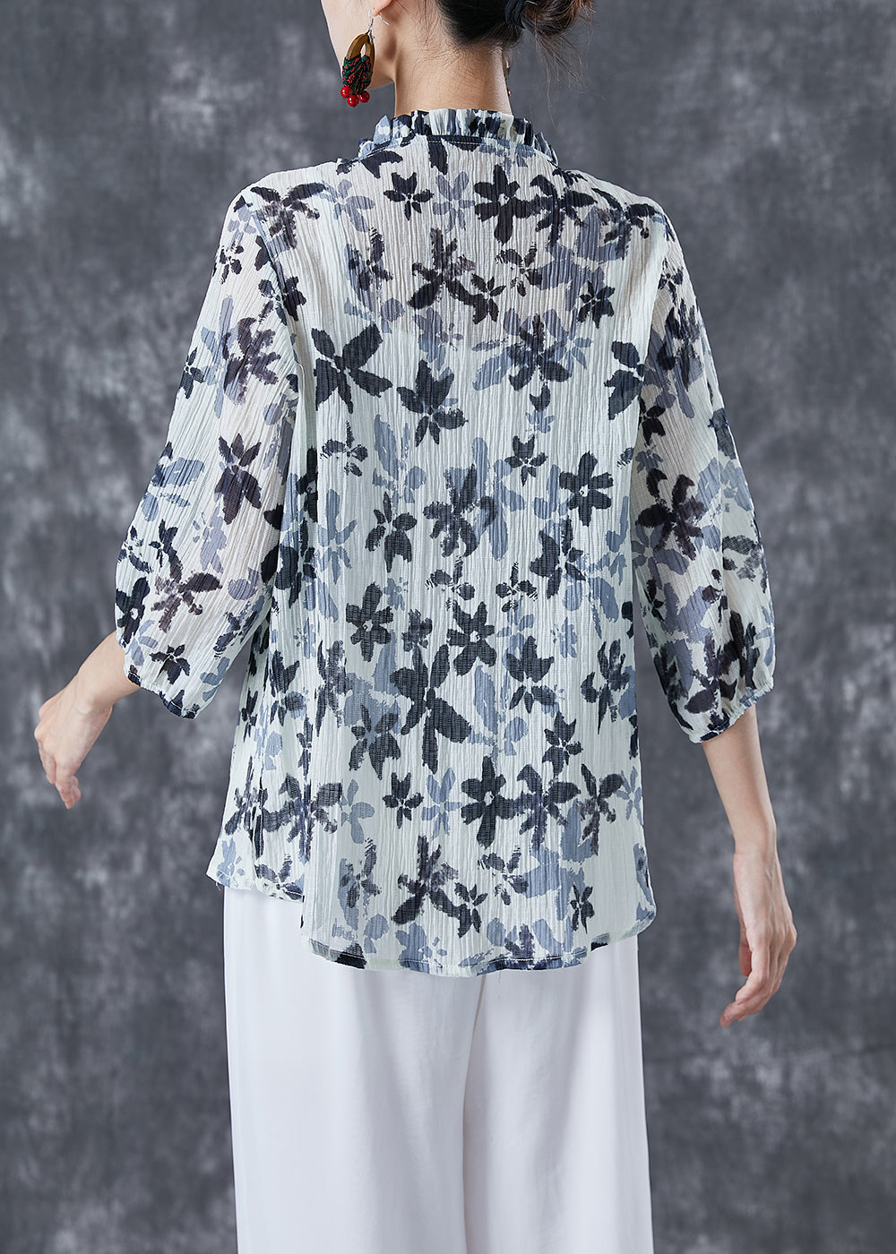 White Ruffled Print Cotton Shirts Bracelet Sleeve