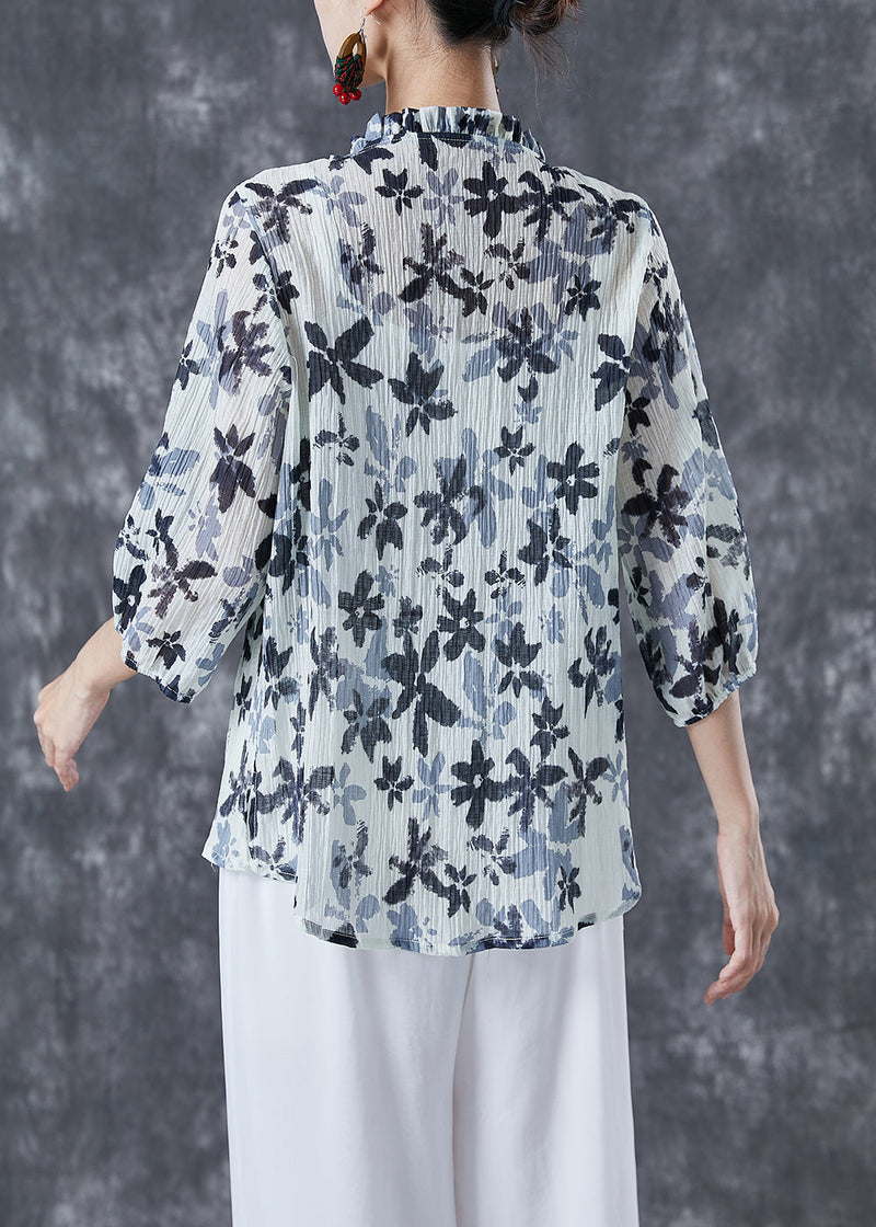 White Ruffled Print Cotton Shirts Bracelet Sleeve