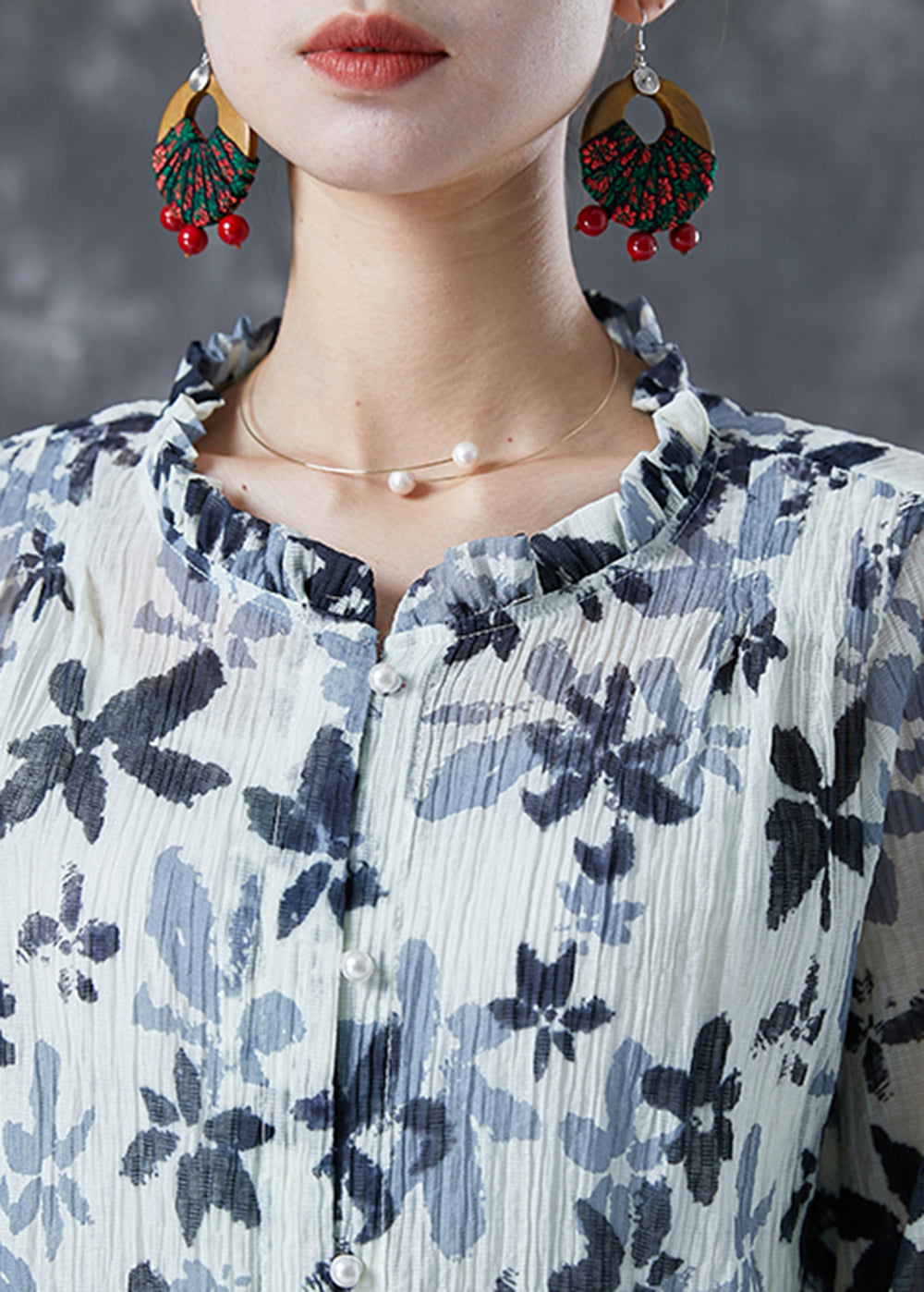 White Ruffled Print Cotton Shirts Bracelet Sleeve