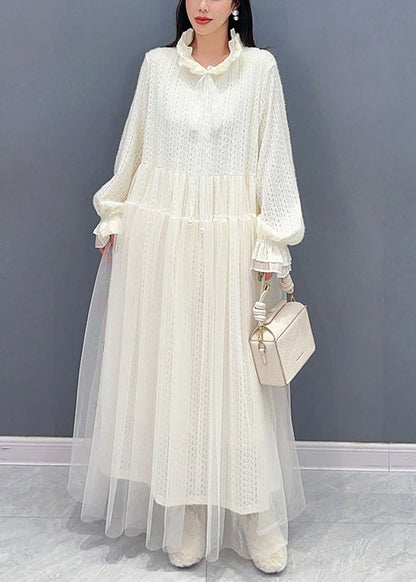 White Ruffled Tulle Lace Dresses Long Sleeve