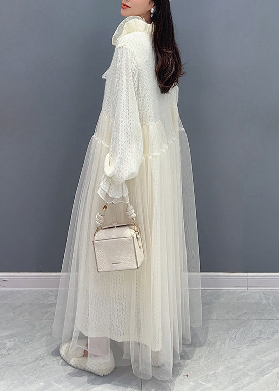 White Ruffled Tulle Lace Dresses Long Sleeve