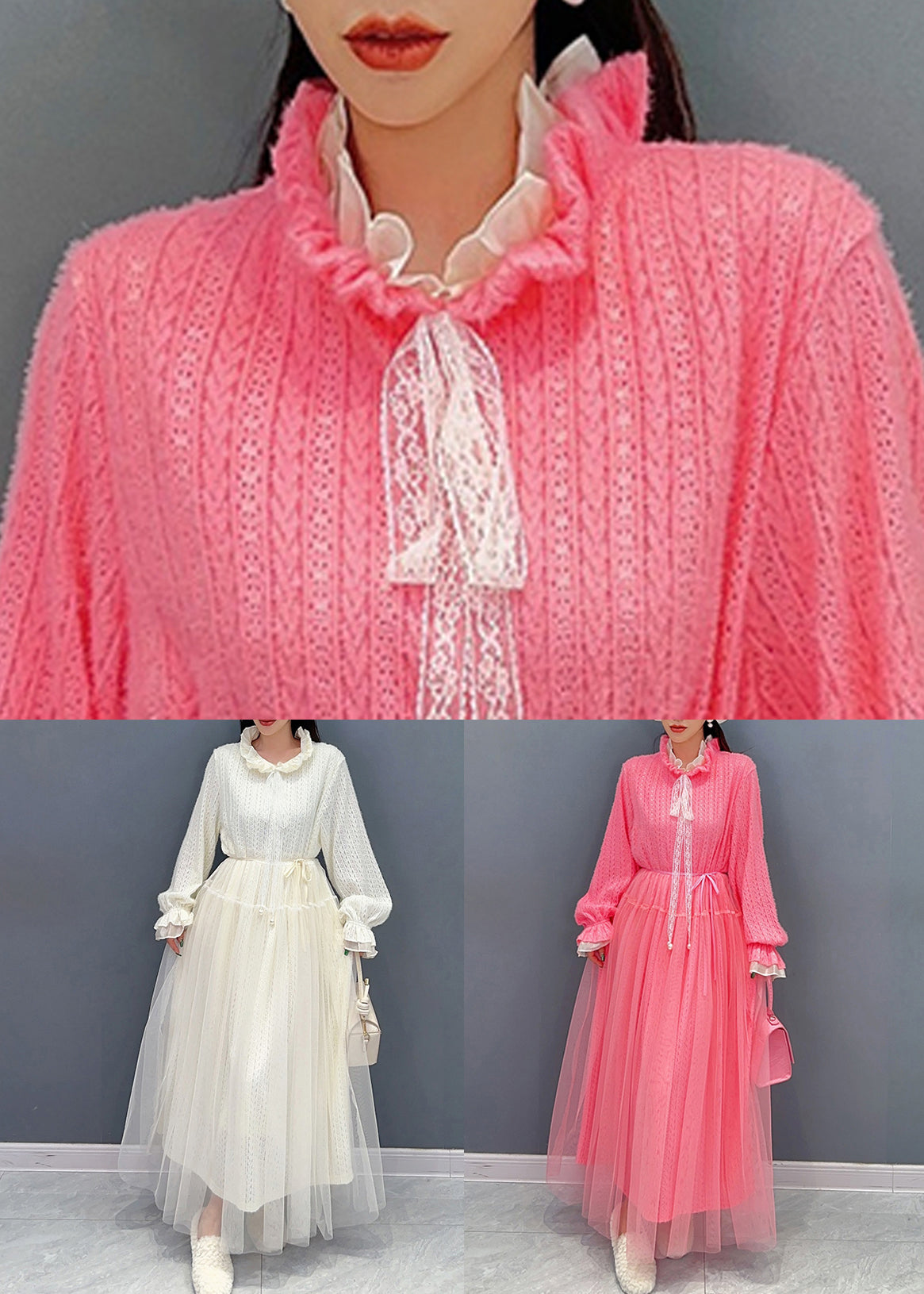 White Ruffled Tulle Lace Dresses Long Sleeve
