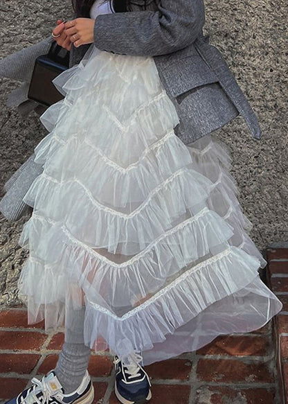White Ruffles Patchwork High Waist Tulle Skirt Summer