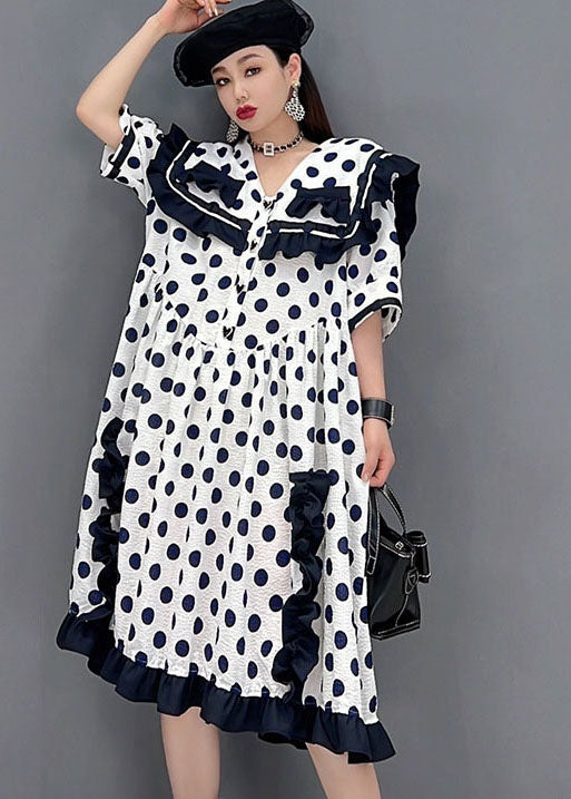 White Sailor Collar Ruffled Patchwork Dot Print Mid Dresses Short Sleeve