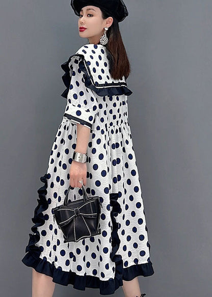 White Sailor Collar Ruffled Patchwork Dot Print Mid Dresses Short Sleeve