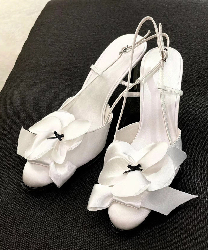 White Satin Bow High Heels Splicing