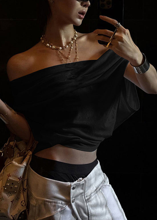 White Slash Neck Asymmetrical Cotton T Shirt Tops Summer