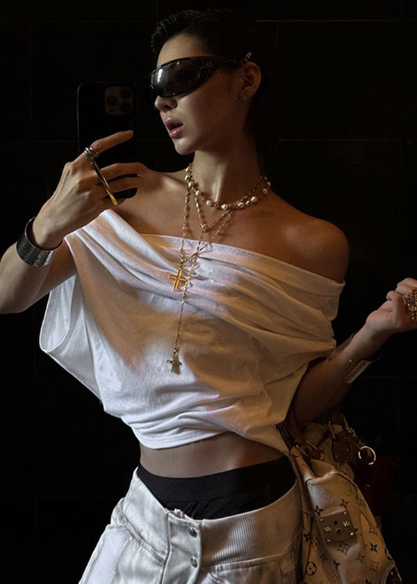 White Slash Neck Asymmetrical Cotton T Shirt Tops Summer