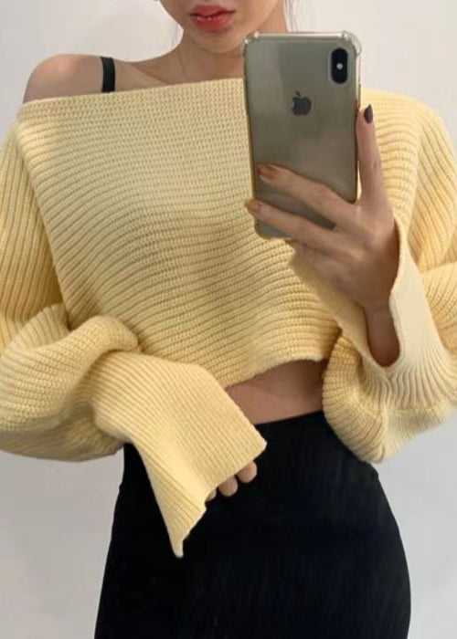 White Slash Neck Knit Short Sweater Tops Batwing Sleeve
