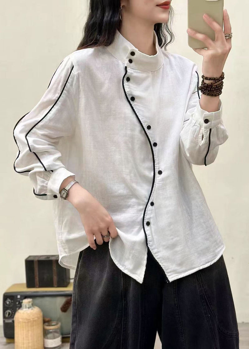 White Stand Collar Button Cotton Blouses Spring