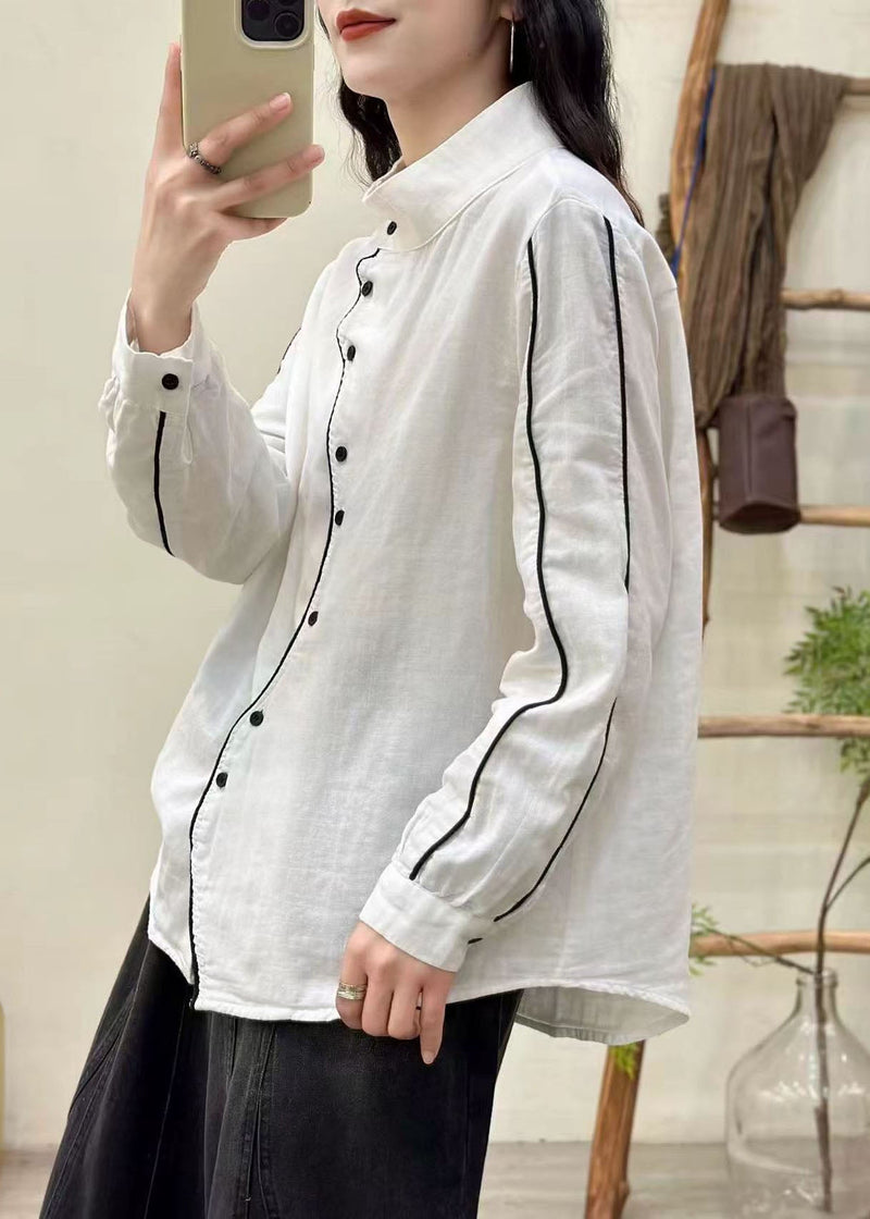 White Stand Collar Button Cotton Blouses Spring
